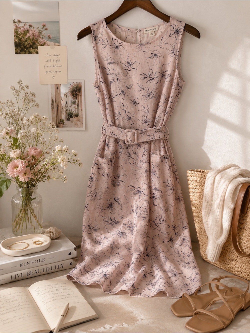 Monteau Blush Floral Linen Blend Midi Dress Small